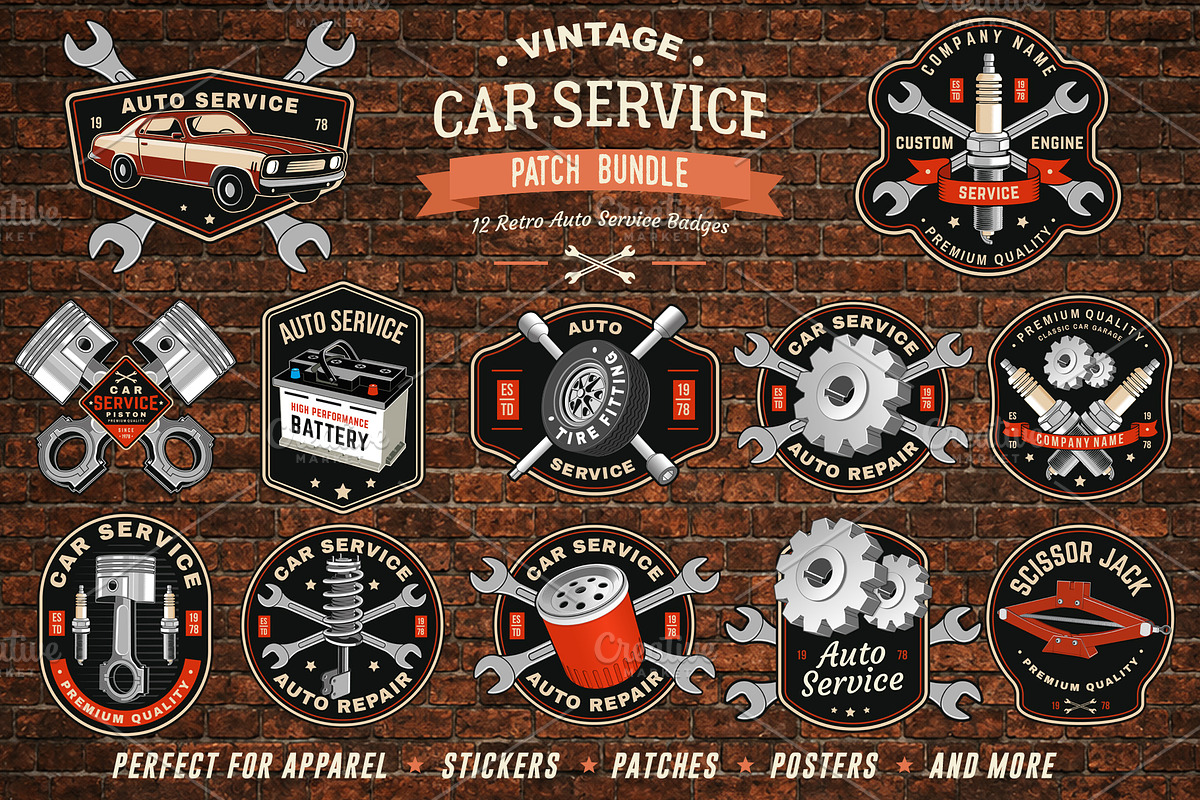 12 Retro Auto Garage Service Badges, an Object Graphic by sivVector (Photo 1 of 3)