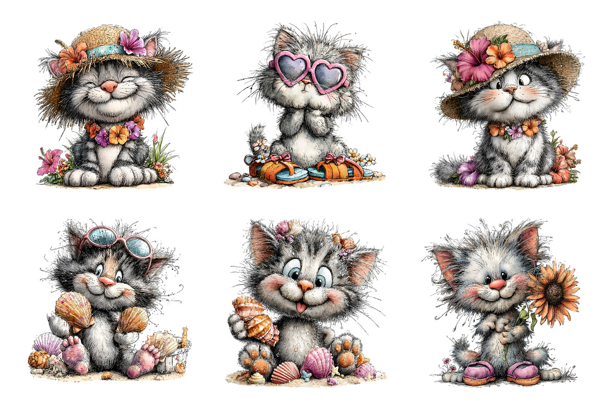 Watercolor summer cats clipart, an Illustration by SinaCreation (Photo 2 of 9)