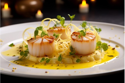 Scallop dish served plate. Generate, a Food & Drink Photo by Ylivdesign