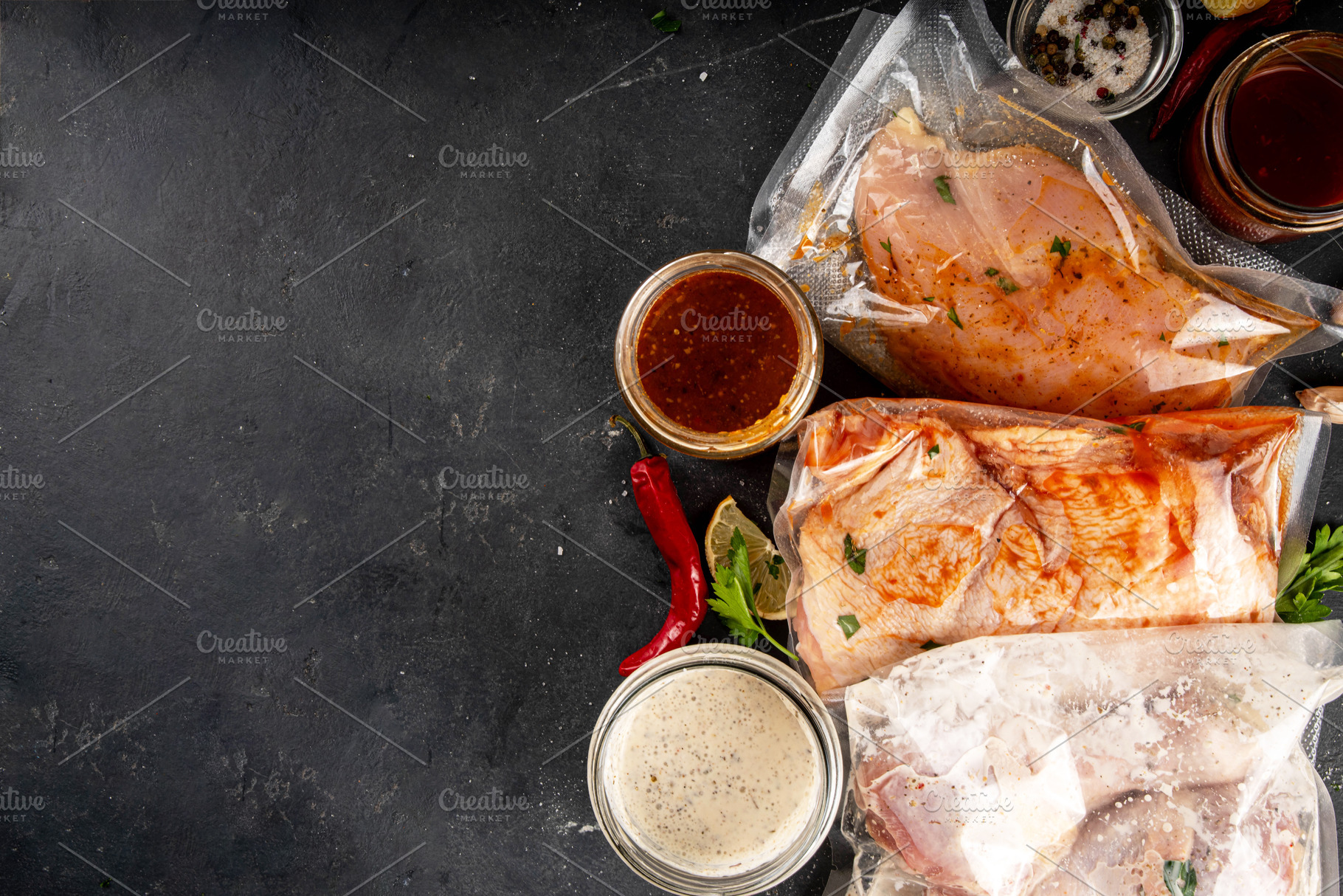 Several bags of marinated chicken meat, a Food & Drink Photo by Rimma