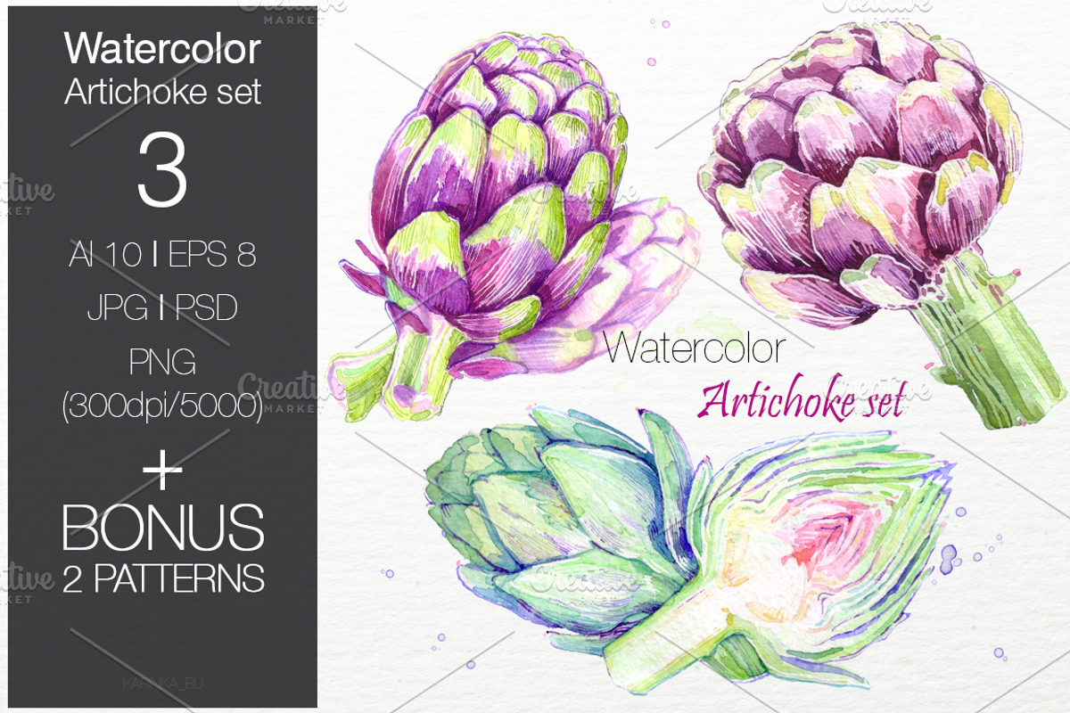 Watercolor artichokes set., a Decorative Illustration by KarinkaBU (Photo 1 of 5)