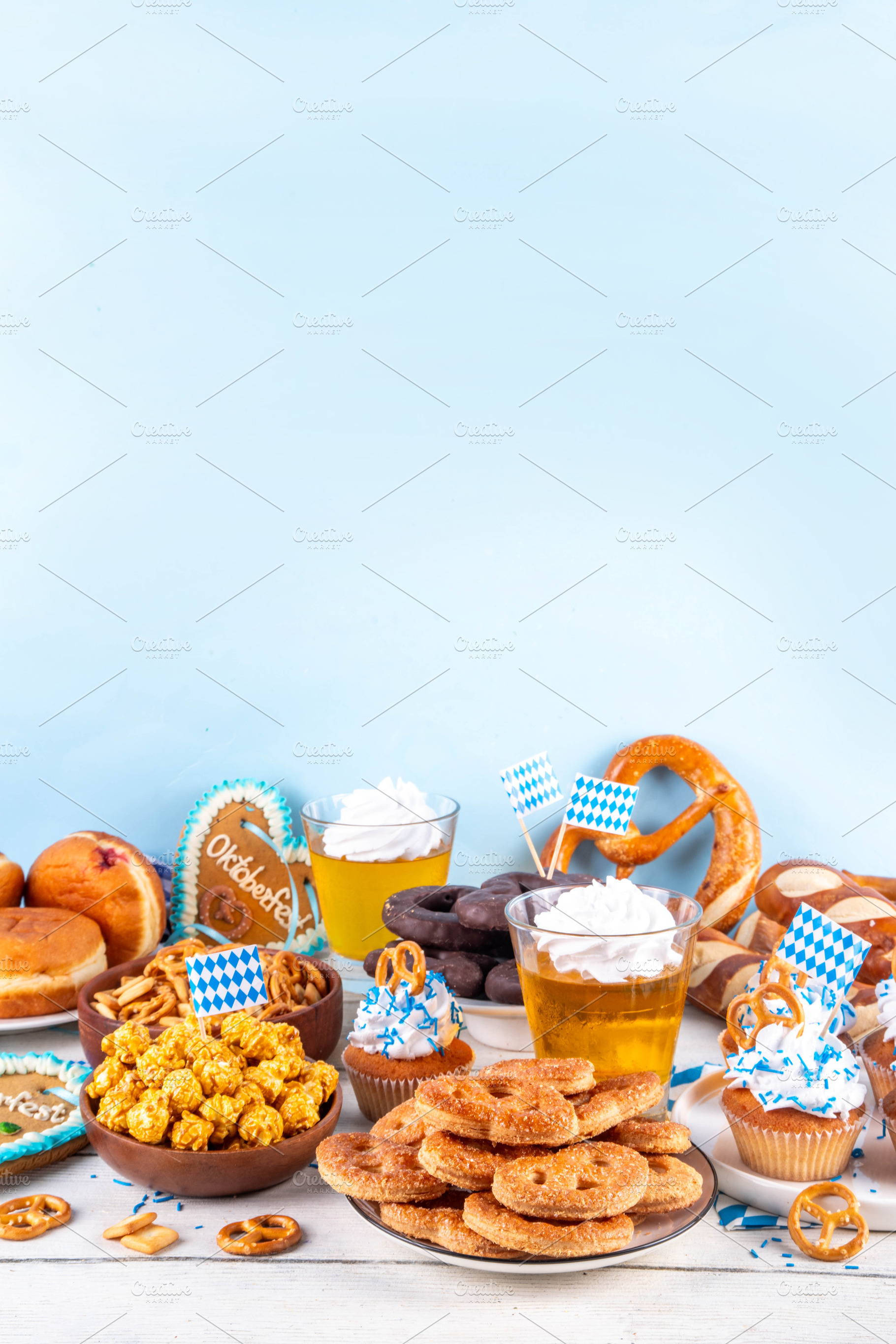 Oktoberfest festive food, with various snacks and desserts, a Food & Drink Photo by Rimma