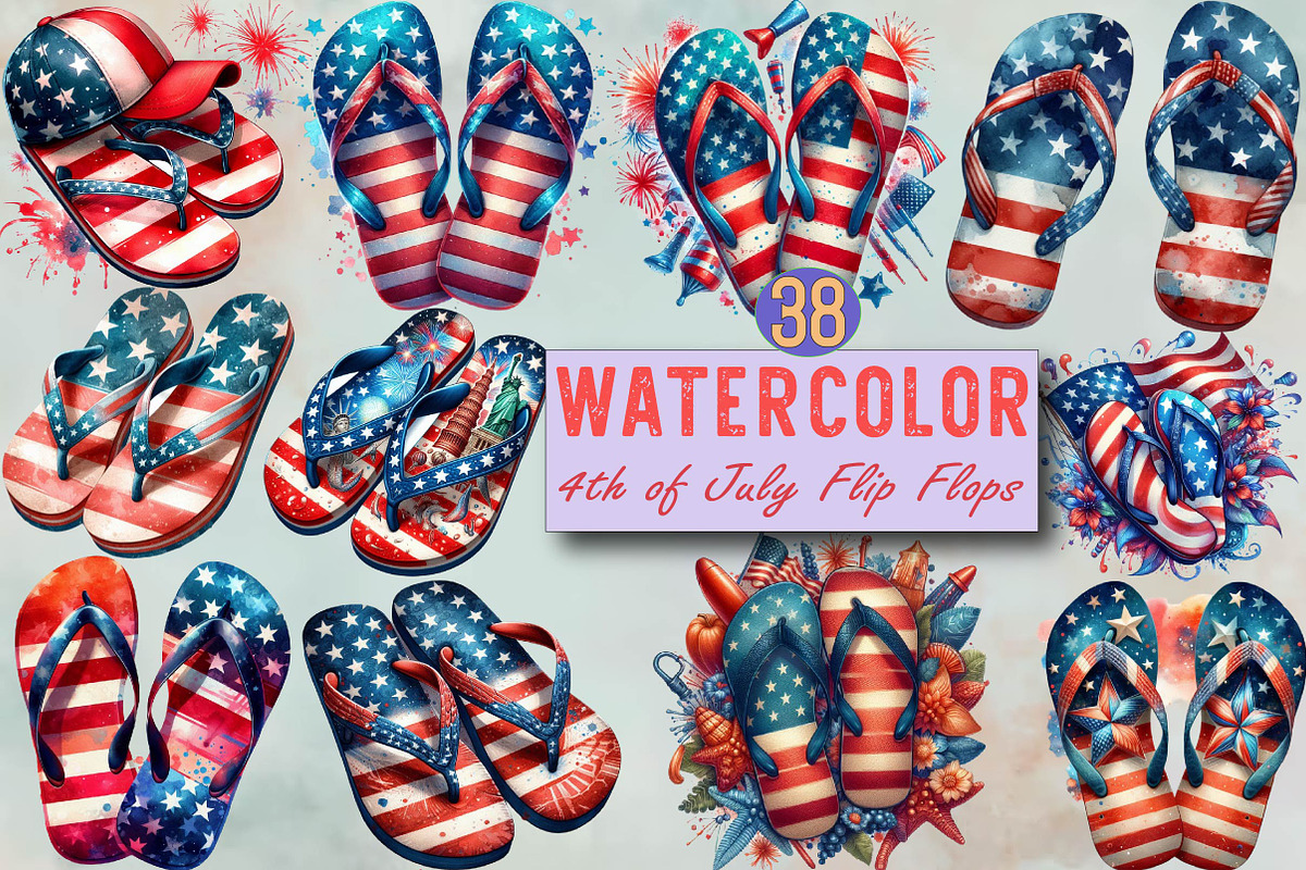 Watercolor 4th of July Flip Flops Su, an Illustration by SVGArt