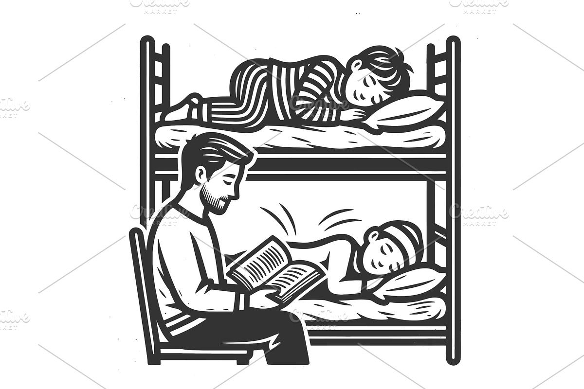 Father Reading Book Children Sleep, a Person Illustration by AlexArt