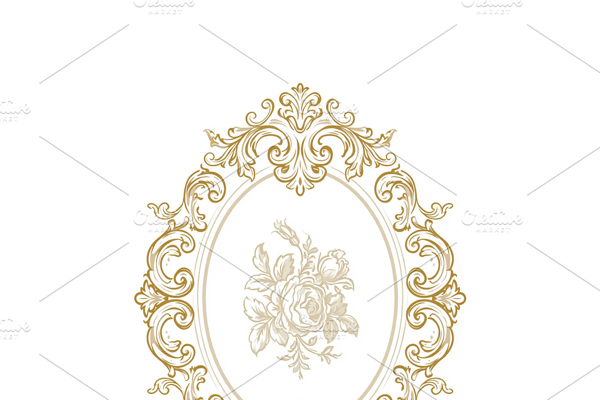 Ornate gold baroque frame with floral design, vintage antique oval border for e, an Illustration by Studio ANNA