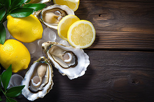 Fresh oysters with lemon on wooden table, a Food & Drink Photo by AlyaAnd