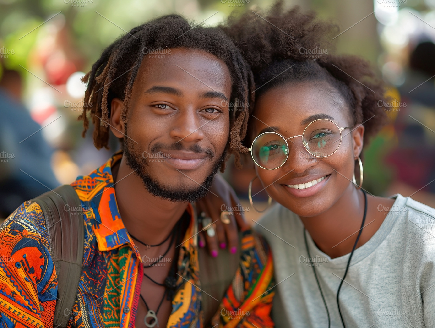 A joyful Black couple smiles for the camera, showcasing their vibrant style and, a Person Photo by ImageMir