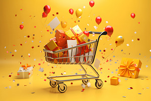 Shopping cart or basket on yellow background with colorful wrapped gift boxes, a Holiday Photo by Lenor4ik