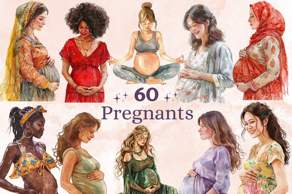 Watercolor Pregnant Clipart, a Graphic by GiraffeCreative (Photo 1 of 9)