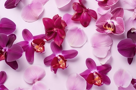 Beautiful orchid petals on a colorful background. Spring concept. Generative AI, a Photo by José Manuel Gelpi