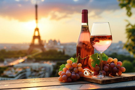 Bottle and wineglasses with ripe grapes on table on Eiffel Tower, a Food & Drink Photo by AlyaAnd
