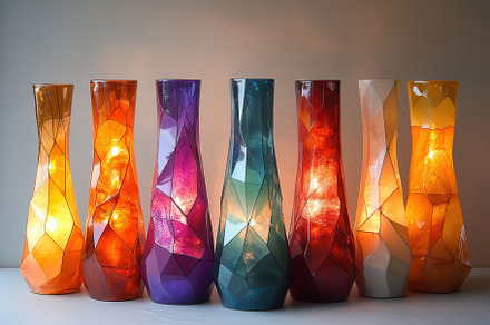 Colorful glass vases illuminated wit, a Photo by Tanuart