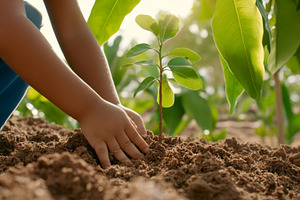 Child planting young sapling in rich, a Photo by Dvoevnore photos