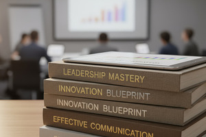 Leadership books and tablet in conference room