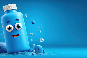 Smiling blue water bottle with cartoon eyes and bubbles on blue, an Abstract Photo by Ales Munt