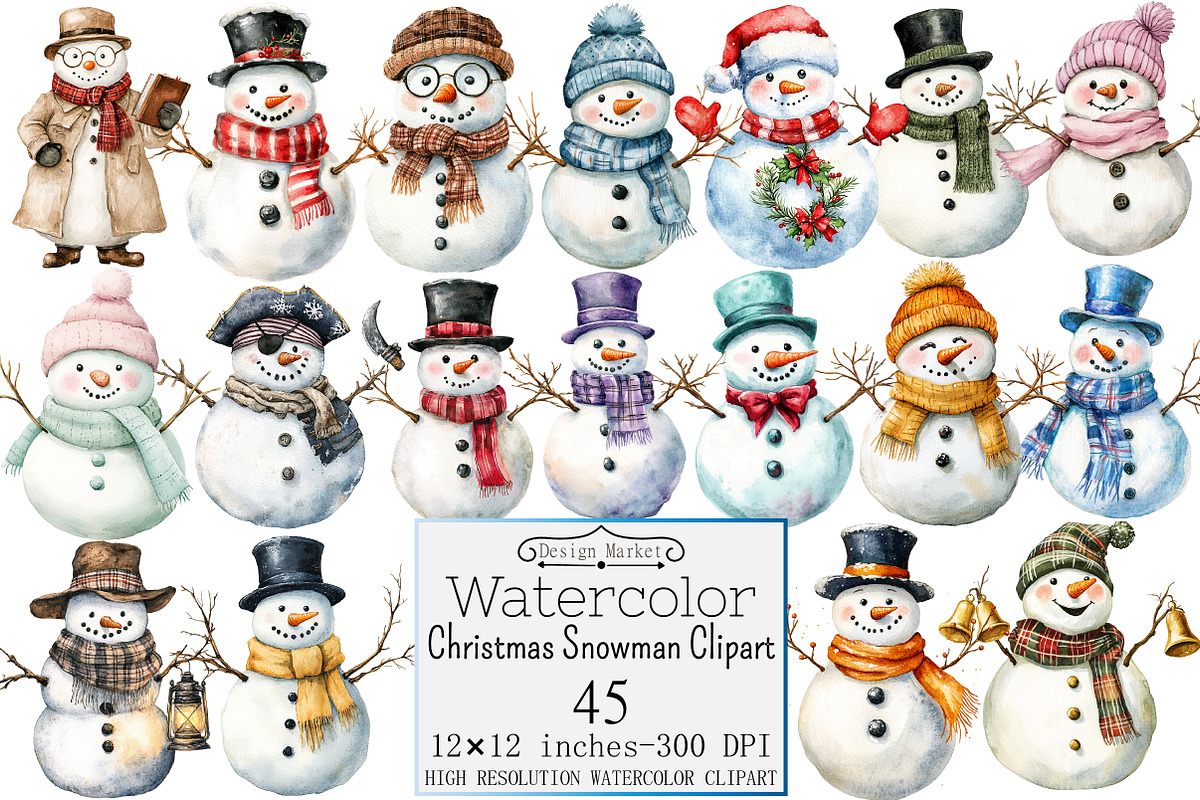 Watercolor Christmas Snowman Clipart, a Seasonal Illustration by Design Market (Photo 1 of 5)