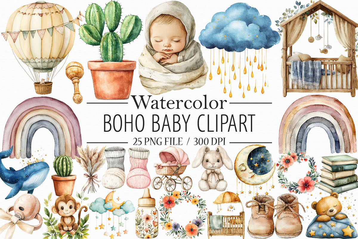 Watercolor Boho Baby Clipart,, an Illustration by Libby Wishes (Photo 1 of 5)