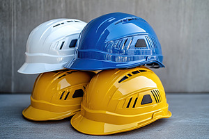 Yellow, white, and blue safety helmets are neatly stacked on a smooth surface,, a Photo by AlyaAnd