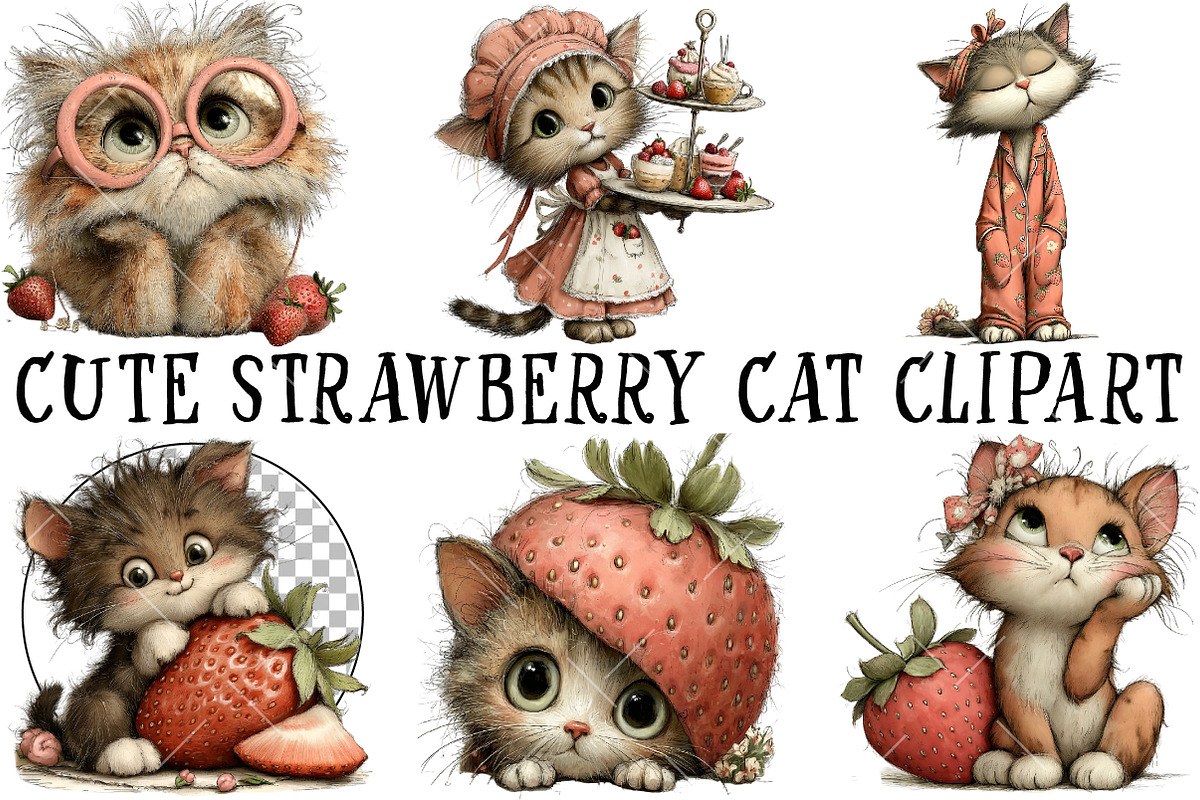 Cute Strawberry Cat PNG Clipart, an Illustration by OK Design (Photo 2 of 6)