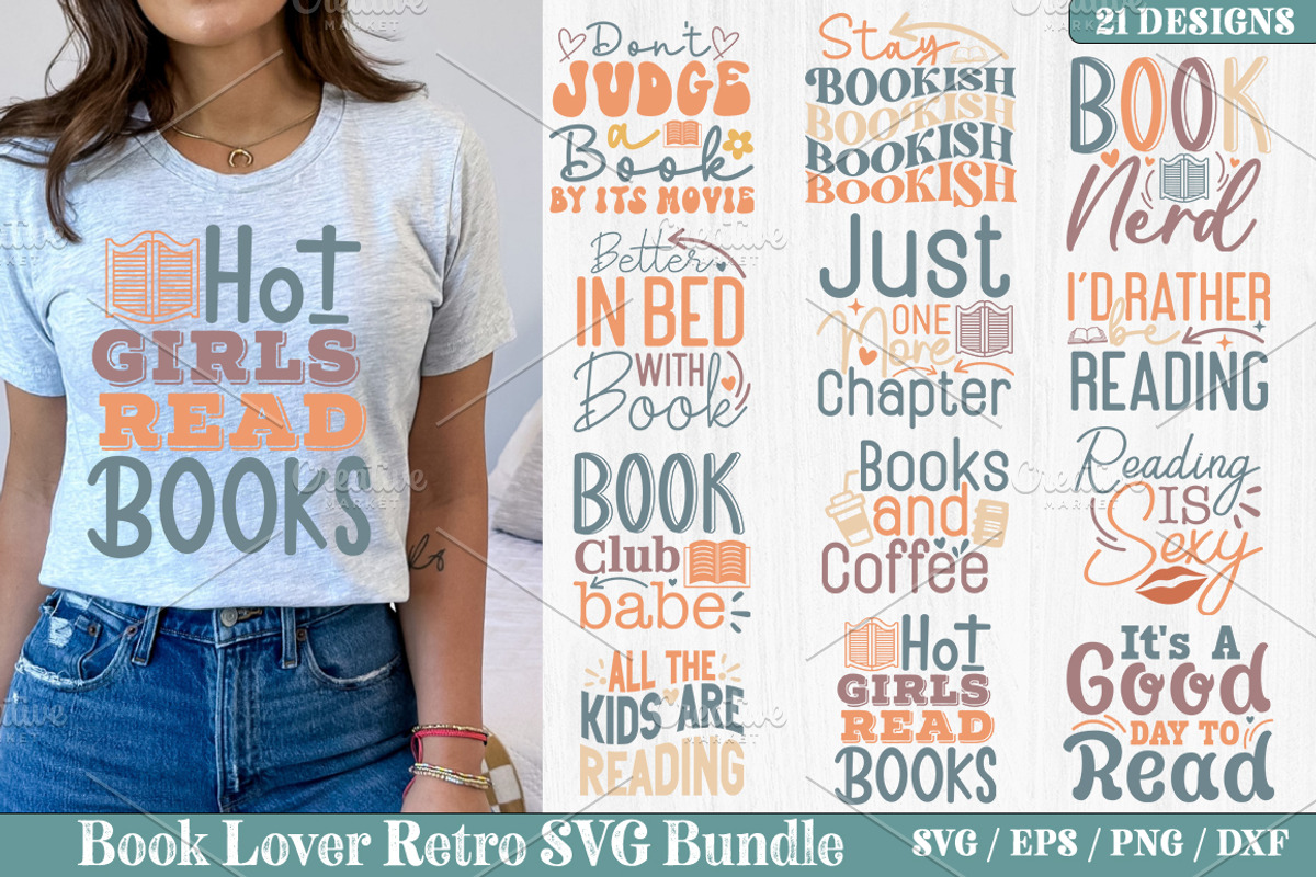 Book Lover Retro SVG Bundle ,Book, a Graphic by akazaddesign (Photo 1 of 13)