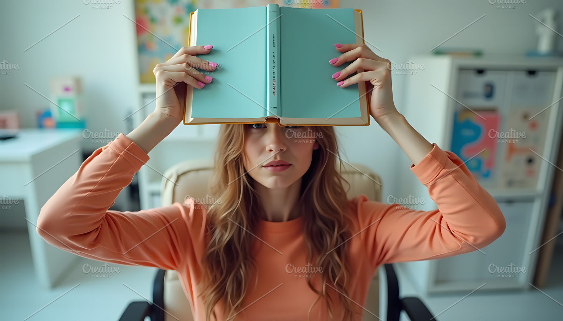 Woman Holding Open Book Above Head i, a School & Education Photo by Stock Shape