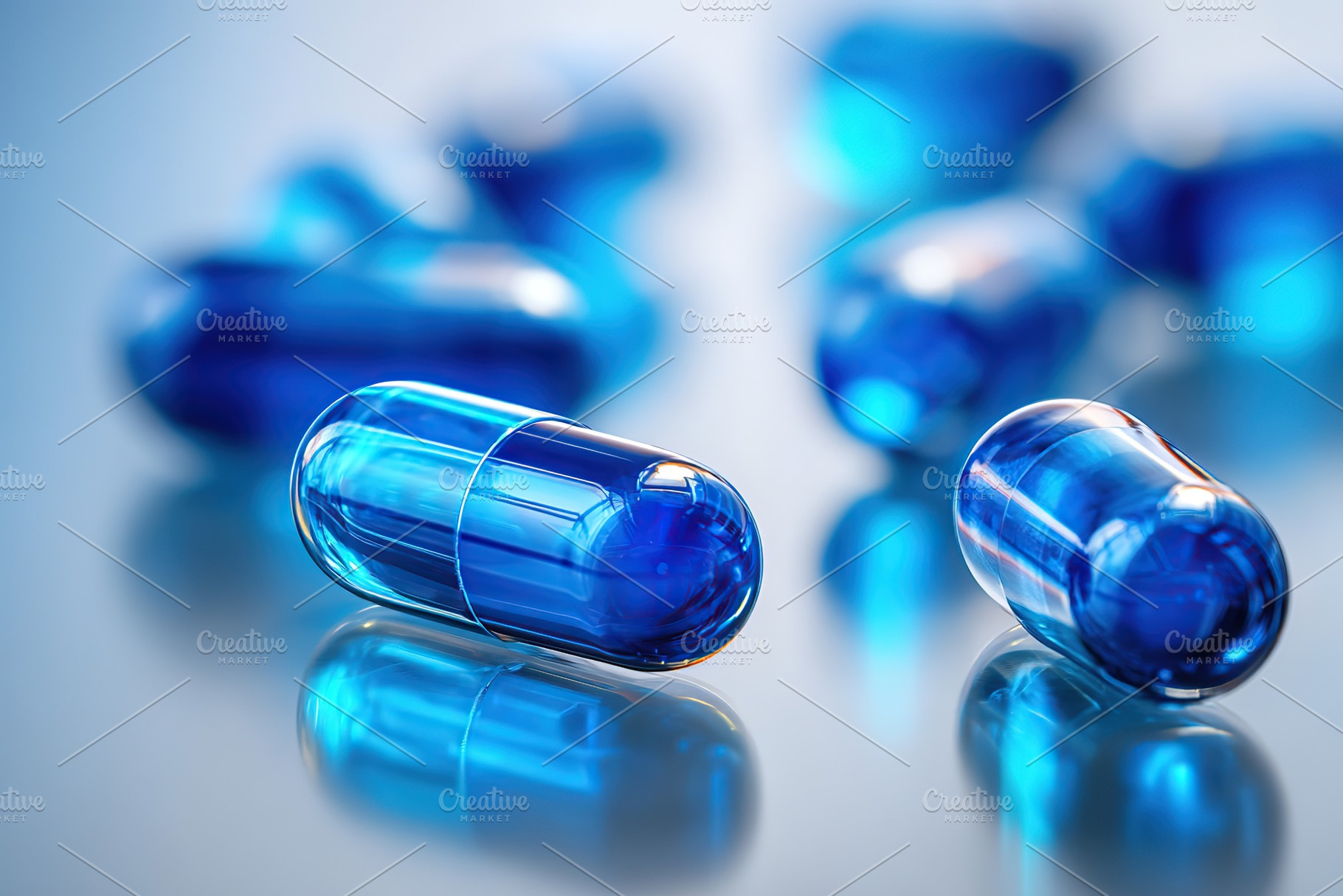 Close-up view of dark blue capsules resting on a reflective surface, a Health & Medical Photo by AlyaAnd