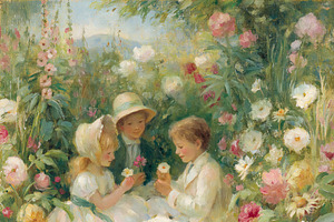 Three young children enjoying a sunny day outdoors, picking smal, a Decorative Illustration by Studio ANNA