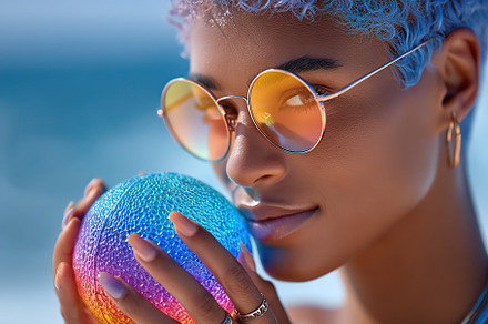 Woman with colorful ball enjoys sunny day by the beach in summer, a Person Photo by AlyaAnd