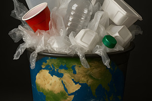 Overflowing trash bin with plastic waste and planet Earth, a Nature Photo by GoodGoods