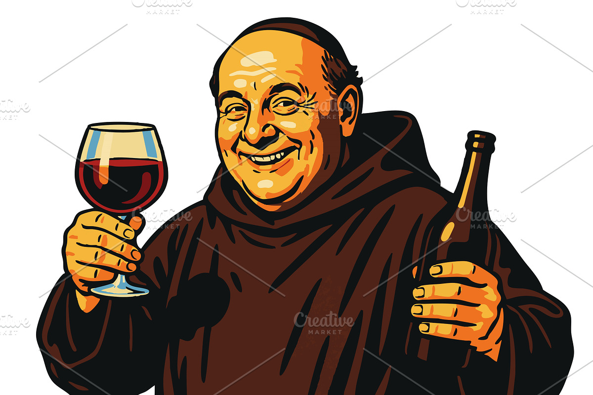 Smiling Monk Holding Wine Bottle and, an Illustration by AlexArt