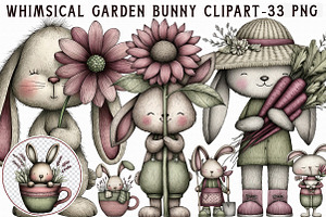 Whimsical Garden Bunny Clipart Set, an Illustration by Libby Wishes