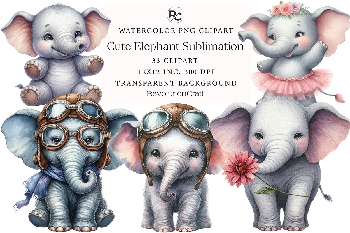 Cute Elephant Sublimation Clipart, an Illustration by OK Design (Photo 1 of 5)