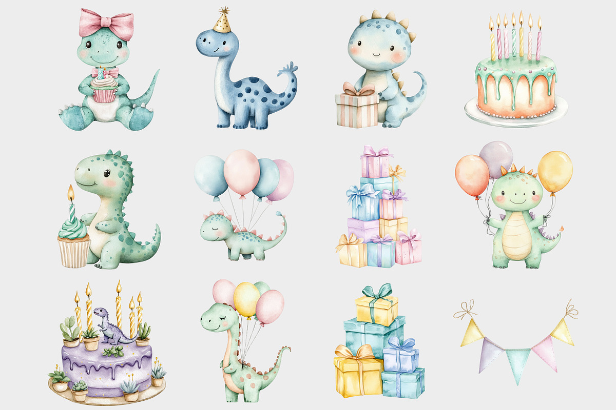 Watercolor Dino Birthday Clipart, a Seasonal Illustration by Design Market (Photo 3 of 5)