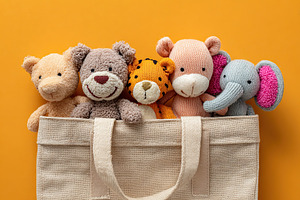 Colorful toy animal set arranged in a neat tote bag on a bright background, a Photo by AlyaAnd