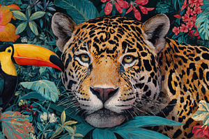 A jaguar rests among green leaves, a Photo by Pavel_design