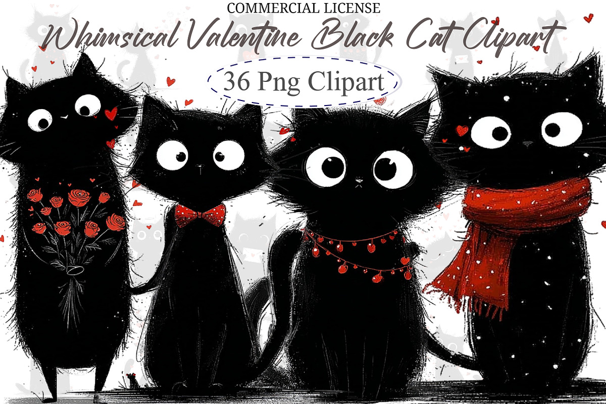 Whimsical Valentine Black Cat Clipar, an Illustration by designcity5 (Photo 1 of 5)