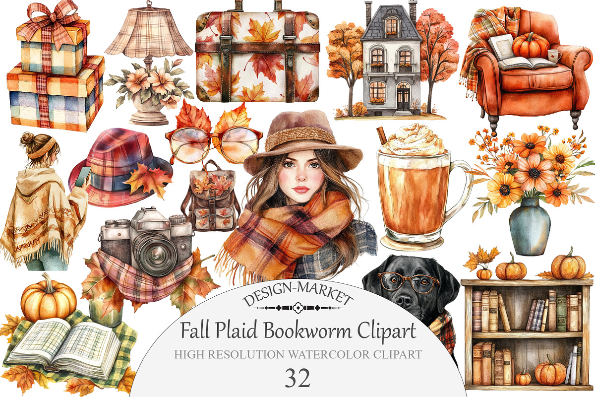 Watercolor Fall Plaid Bookworm clipa, an Illustration by Design Market (Photo 1 of 4)