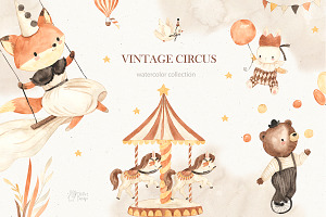 VINTAGE CIRCUS. Watercolor animals