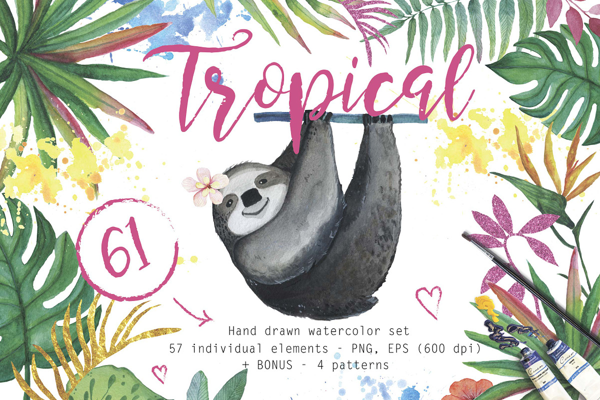 61 Tropical watercolor set elements, an Animal Illustration by digital_essence (Photo 1 of 8)