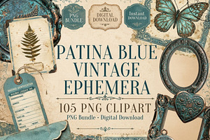 Patina Blue Vintage Ephemera PNG, a Seasonal Illustration by Tanya Kart
