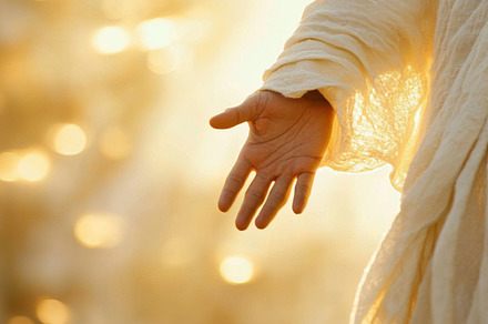 Hand of Jesus reaching out with light in spiritual scene, copy s, a Photo by Dvoevnore photos