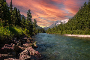 Beautiful mountains and rive landscape at Glacier National Park