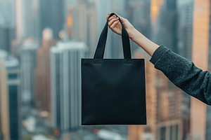 Mockup of blank tote bag for groceries and shopping in female hand, an Abstract Photo by AlyaAnd