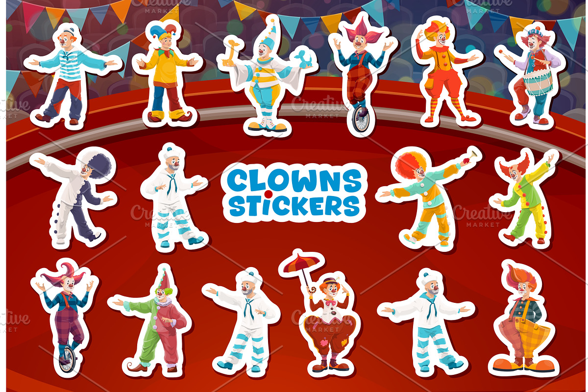 Circus clown characters on stage, an Illustration by Vector Tradition