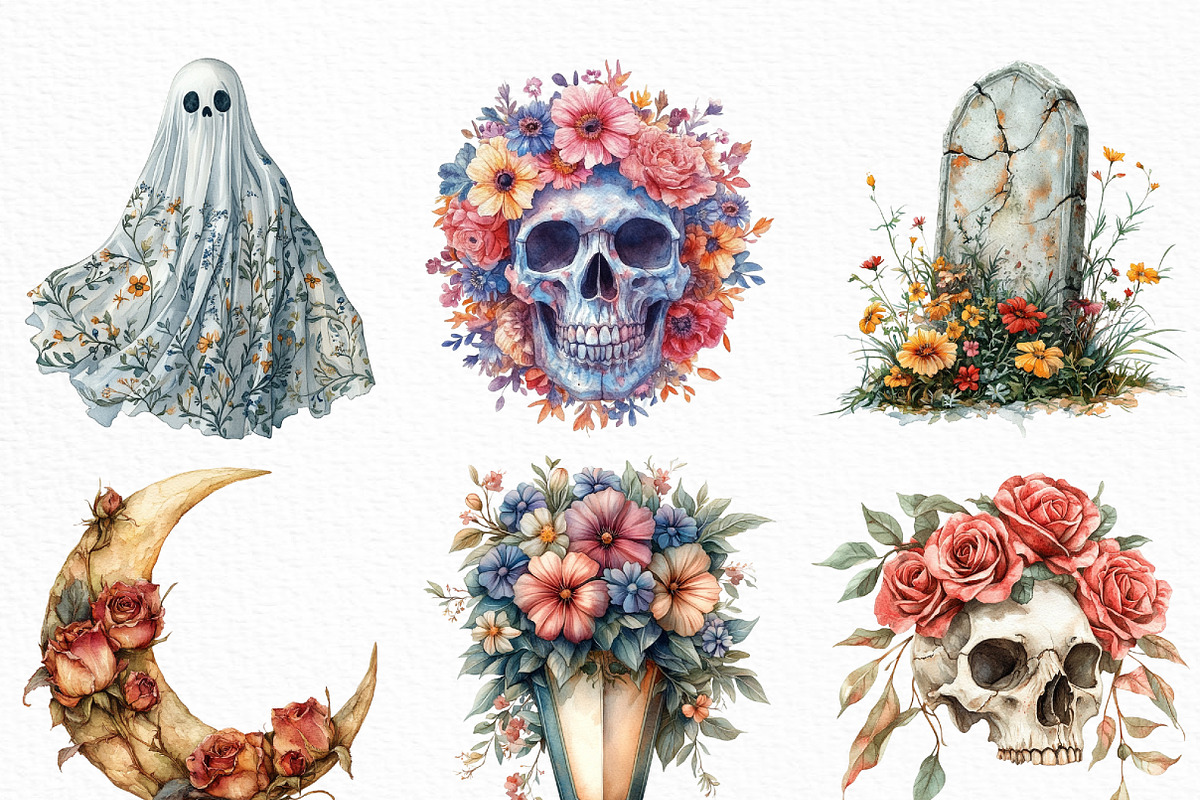 Watercolor Floral Halloween Clipart, an Illustration by Craft Nest (Photo 2 of 6)