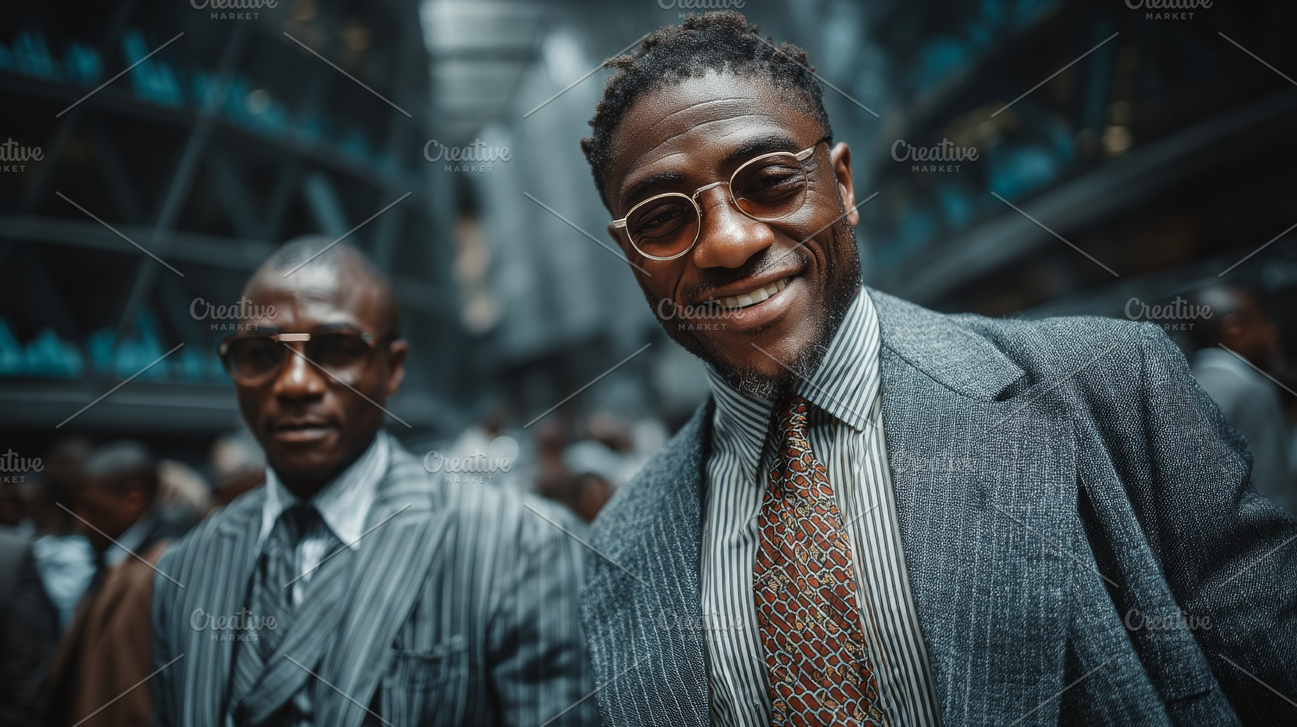 Smiling African businessmen in tailored suits networking in a bustling urban ma, a Photo by AS photostudio