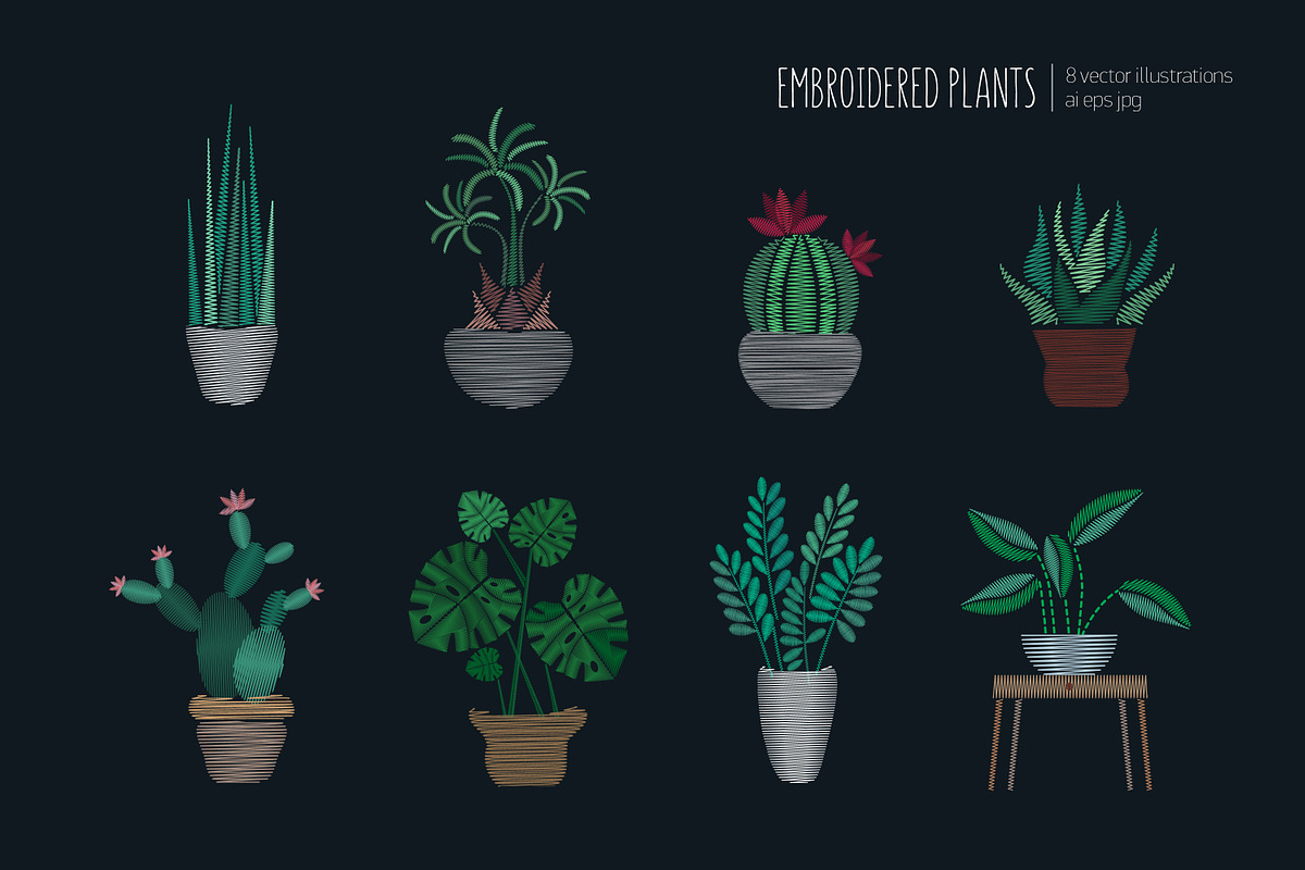Satin stitch embroidery plants set, a Decorative Illustration by Good Studio (Photo 1 of 3)