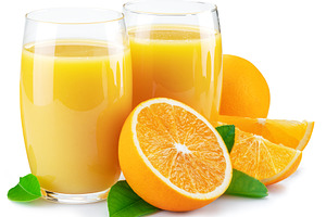 Glasses of fresh orange juice and orange fruits isolated on whit, a Food & Drink Photo by Volff