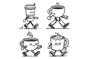 Cute Walking Coffee Cups set vector, a Food Illustration by AlexArt