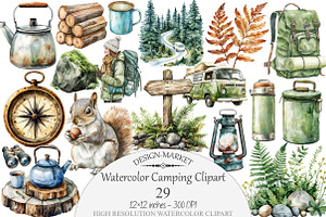 Watercolor Camping Clipart, a Seasonal Illustration by Design Market